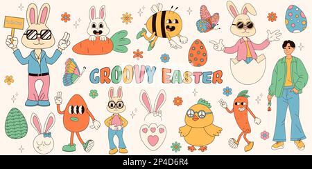 Groovy hippie Happy Easter set. Easter bunny, eggs, butterflies, cupcakes, chickens. Set of cartoon characters and elements in trendy retro 60s 70s ca Stock Vector
