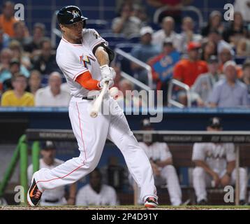 MIAMI, FL - AUGUST 14: Miami Marlins right fielder Giancarlo Stanton (27)  hits home run number 43 and becomes franchise leader during a game between  the Miami Marlins and the San Francisco