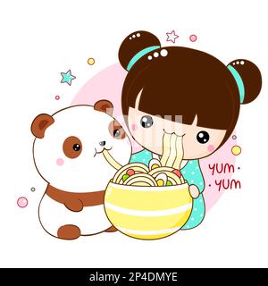 Cute little girl and panda eat ramen noodles. Inscription Yum yum. Baby friends girl and panda are happy to eat noodles. Square card in kawaii style. Stock Photo