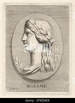 Chrysame, Thessalian priestess of the goddess Enodia, famous for using poisonous herbs to defeat the Ionians at Erythrae, granting victory to Cnopus. Depicted with laurel crown and sprig of a medicinal plant. Crisame. Copperplate engraving by Guillaume Vallet after Giovanni Angelo Canini from Iconografia, cioe disegni d'imagini de famosissimi monarchi, regi, filososi, poeti ed oratori dell' Antichita, Drawings of images of famous monarchs, kings, philosophers, poets and orators of Antiquity, Ignatio de’Lazari, Rome, 1699. Stock Photo