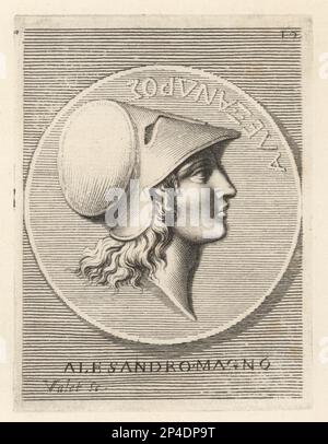 Profile portrait of Alexander the Great, Alexander III of Macedon, 356 – 323 BC, king of the ancient Greek kingdom of Macedon. Wearing a Corinthian helmet without crest or crown. From a silver coin in the collection of Gio. Pietro Bellori. Alessandro Magno. Copperplate engraving by Guillaume Vallet after Giovanni Angelo Canini from Iconografia, cioe disegni d'imagini de famosissimi monarchi, regi, filososi, poeti ed oratori dell' Antichita, Drawings of images of famous monarchs, kings, philosophers, poets and orators of Antiquity, Ignatio de’Lazari, Rome, 1699. Stock Photo