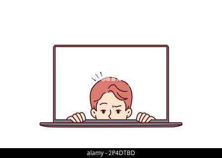 Man with frightened face looks out of laptop screen for concept of non-professional work on Internet and IT technologies. Frightened guy in laptop display looks at you in disbelief Stock Vector