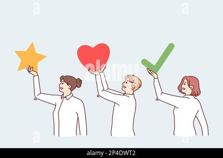 Businesspeople raise above heads social media feedback symbols and add interesting content to favorites. Businesspeople man and women recommend doing internet marketing and company promotion Stock Vector