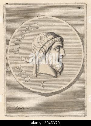 Numa Pompilius, legendary second King of Rome, of Sabine origin from Cures, c. 753-672 BC. Head of bearded man wearing a royal diadem with the letters NVMA. Numa Pomilio, Secondo Re de Romani. Copperplate engraving by Guillaume Vallet after Giovanni Angelo Canini from Iconografia, cioe disegni d'imagini de famosissimi monarchi, regi, filososi, poeti ed oratori dell' Antichita, Drawings of images of famous monarchs, kings, philosophers, poets and orators of Antiquity, Ignatio de’Lazari, Rome, 1699. Stock Photo