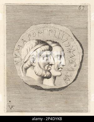 Numa Pompilius and Ancus Martius. Numa Pompilius, legendary second King of Rome, of Sabine origin from Cures, c. 753-672 BC. Ancus Martius, legendary fourth king of Rome, who reigned for 24 years. From a coin. Numa Pomilio, e anco Martio. Copperplate engraving by Guillaume Vallet after Giovanni Angelo Canini from Iconografia, cioe disegni d'imagini de famosissimi monarchi, regi, filososi, poeti ed oratori dell' Antichita, Drawings of images of famous monarchs, kings, philosophers, poets and orators of Antiquity, Ignatio de’Lazari, Rome, 1699. Stock Photo