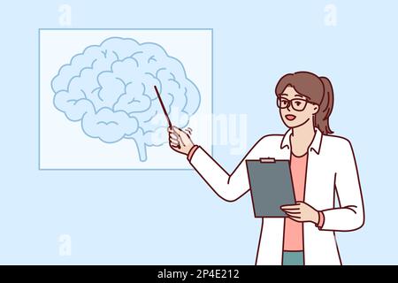 Woman doctor teaches neurology pointing at brain drawing hanging on wall during medical education course. Doctor neurologist shows picture of brain to ask colleagues for advice Stock Vector