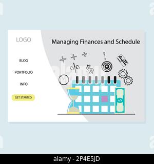 Managing finance and schedule landing page with calendar and hourglass. Vector financial management budget planning, management and money-saving, fina Stock Vector