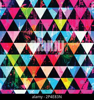Bright triangles with grunge effect. Seamless pattern. Stock Vector