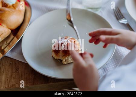 Close-up of traditional Easter pastries- hot cross buns. Stock Photo