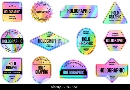 Holographic foil sticker. Holo emblem tags templates with iridescent color gradient, retro 90s vaporwave style labels vector set Stock Vector