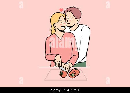 Happy couple in love preparing food together. Smiling man and woman lovers cooking at home kitchen. Vector illustration.  Stock Vector