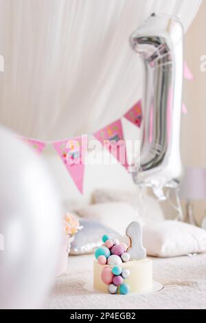 One Year Birthday Decorations for Beautiful Girl. Girls Style. a Lot of  Balloons Pink and White Style Stock Photo - Image of number, decoration:  272098210