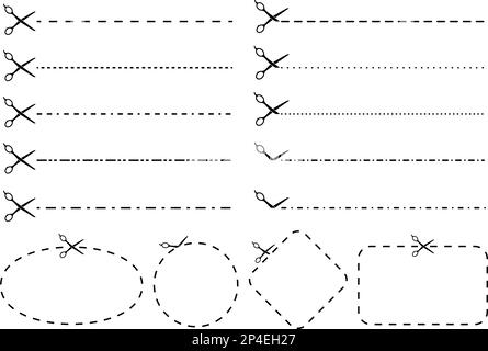 Scissors cut line. Voucher or coupon cutout dashed lines with scissor icon and frames for cutting vector set Stock Vector