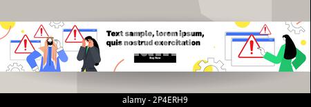 frustrated people reacting to danger exclamation marks problem cyber attack hacking warning signal scam alert horizontal Stock Vector