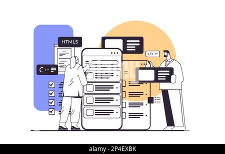 web developers couple creating program code on smartphone screen development of software and programming Stock Vector