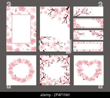 Cherry blossom banner layout. Sakura flowers on branches card template, Japanese spring decorative frames vector illustration set Stock Vector
