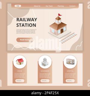 Railway station flat landing page website template. House, government, hospital. Web banner with header, content and footer. Vector illustration. Stock Vector