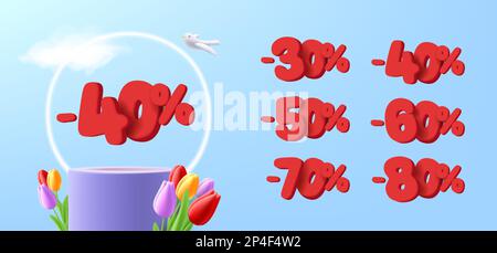 Set of rounded volume 3d numbers, discount percent with product placement podium, spring composition with tulip flowers and neon ring, spring discount Stock Vector