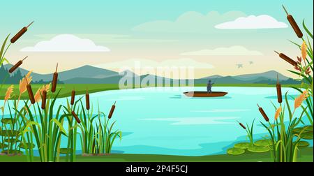 Cartoon lake landscape. Fisherman fishing in boat on pond with reeds, catching fish. Nature vector background illustration Stock Vector