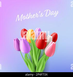 3d composition with tulip bouquet, mothers day greeting, different colours flowers, greeting poster Stock Vector