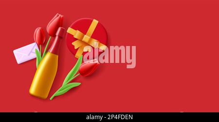 3d greeting composition with tulip flowers, gift box and wine bottle in red bright pasion colours with place for your copy, greeting card Stock Vector