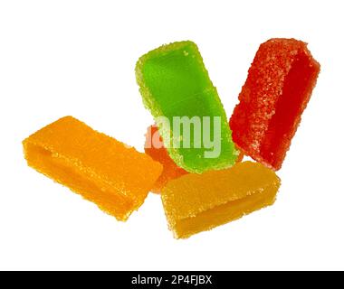 Colorful fruit jellies. Yellow, red and green jelly candies isolated on a white background. Clipping Path included. Stock Photo