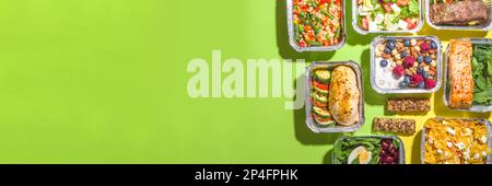Healthy catering menu, courier food delivery lunch boxes. Beef steak meat, chicken filet , fish and vegetables in packages. Daily meal diet plan deliv Stock Photo