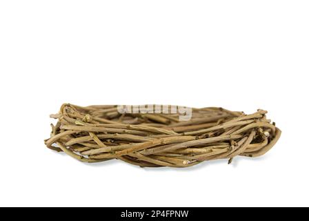 Natural bird's nest from branches on white isolated background. Easter, natural element. Copy space Stock Photo