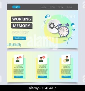 Working memory flat landing page website template. Pattern recognition, selective attention, cognitive flexibility. Web banner with header, content Stock Vector