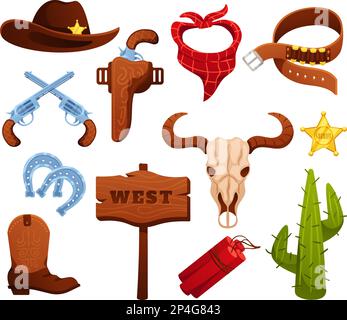 Cartoon wild west elements. Sheriff badge, revolver gun and hat. Western America cactus, dynamite and buffalo skull vector illustration set. Wooden si Stock Vector