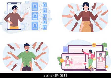 Improving brand awareness on social media flat concept vector spot illustration set Stock Vector