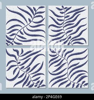 Artistic trendy pictures with plant drawings, a foliage line with an abstract shape, Collection of contemporary art posters in pastel colors for print Stock Vector