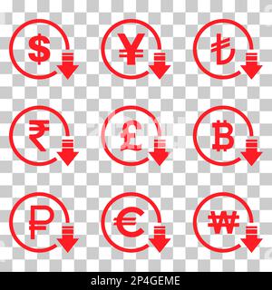 Cost reduction- decrease dollar euro icon. Vector symbol image isolated on background . Stock Vector