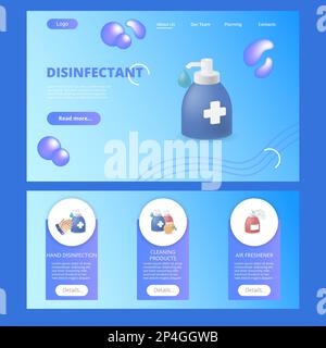 Disinfectant flat landing page website template. Hand disinfection, cleaning products, air freshener. Web banner with header, content and footer Stock Vector
