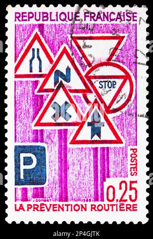 MOSCOW, RUSSIA - FEBRUARY 15, 2023: Postage stamp printed in France shows Road safety, circa 1968 Stock Photo