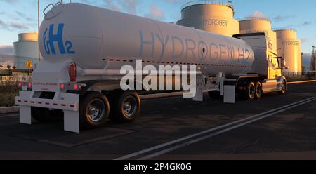 Car with tanker on the road next to Liquid hydrogen tanks-vision of the future.3d illustration Stock Photo