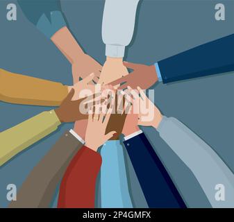 Vector illustration representing several joined hands as a sign of unity, brotherhood and solidarity. Concept of diversity and union of peoples. Stock Vector