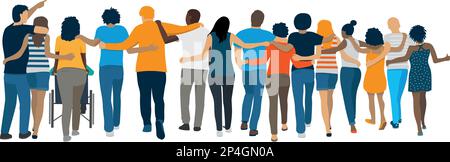 Panoramic illustration of a group of friends supporting each other and moving forward. Concept of solidarity and mutual aid. Multi racial group Stock Vector