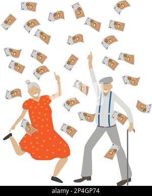 funny vector illustration of a happy rich retired couple dancing under a rain of banknotes Stock Vector