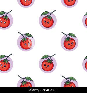 Cute Kawaii Tomato seamless pattern in doodle style. Vector hand drawn cartoon Red Tomato illustration. Stock Vector