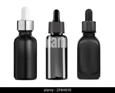 Black glass serum dropper bottle. Cosmetic oil pipette drop container, beauty product vial. Eyedropper flask for collagen essence, vector design. Natu Stock Vector