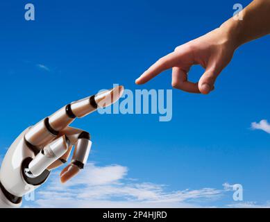 A robot hand points to a human hand. Artificial intelligence concept. Stock Photo
