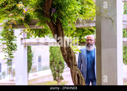 middle-aged, bald, bearded man standing behind a tree in a park. Stock Photo