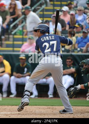 Milwaukee Brewers center fielder Carlos Gomez (27) during the game between  the Milwaukee Brewers and Chicago Cubs at Miller Park in Milwaukee,  Wisconsin. The Cubs defeated the Brewers 8-1. (Credit Image: ©