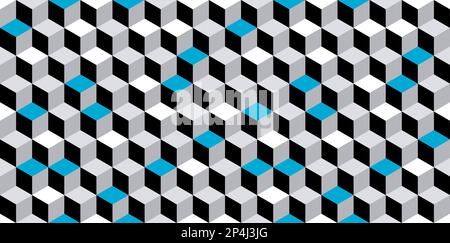 Seamless cube vector pattern. Embossed cuboid hexagonal tile pattern. Modern fashion ornament design. Blue, grey, black and white. Stock Vector