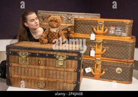 London, UK. 6th Mar, 2023. Louis Vuitton luggage and a DouDou 2005