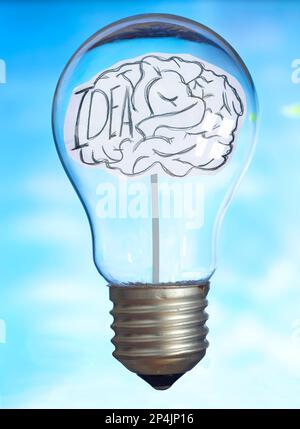 Business concept, idea,development, innovation and success with a human brain inside of Light bulb on blue background. Free copy space. Stock Photo