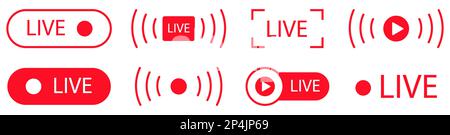 Live streaming set red icons. Play button icon collection. Vector illustration isolated on white background Stock Vector
