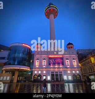 The Liverpool Playhouse Theatre with Radio City tower, at dusk, Williamson Square, Liverpool, Merseyside, England, UK, L1 1EL Stock Photo