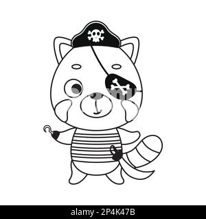 Coloring page cute little pirate red panda with hook and blindfold. Coloring book for kids. Educational activity for preschool years kids and toddlers Stock Vector